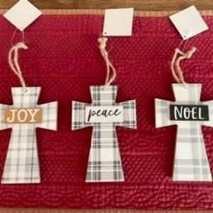 New. Set of 3 Wood Cross Ornaments.  Peace/Joy/Noel.
